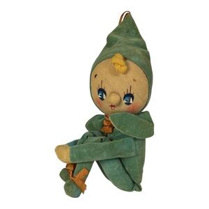 Vintage Elf Knee Hugger Pixie Cloth Doll Green Girl Velvet Stuffed Large 13.5"